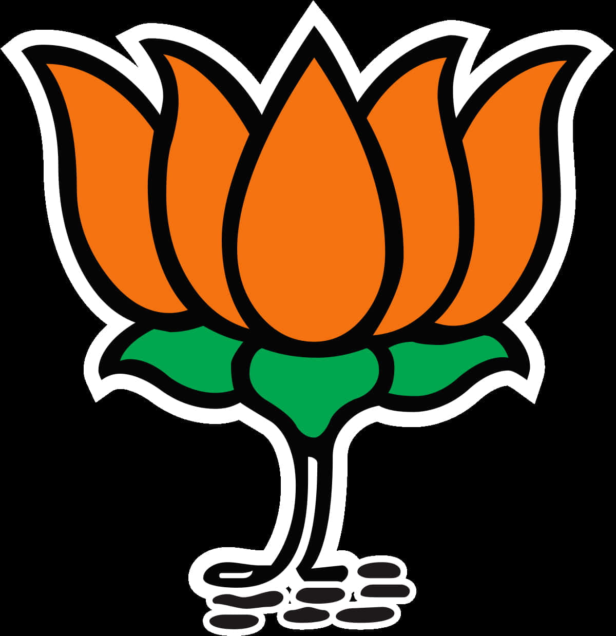 Bjp 桌布 壁紙 — 一朵風格化的橙色蓮花，帶有綠色葉子和黑色輪廓，置於黑色背景上。