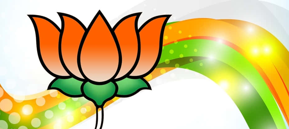 Bjp 桌布 壁紙 — 一朵風格化的橙色蓮花，帶有綠色葉子，在充滿活力的藏紅花、綠色和白色光的彩虹波浪中綻放。