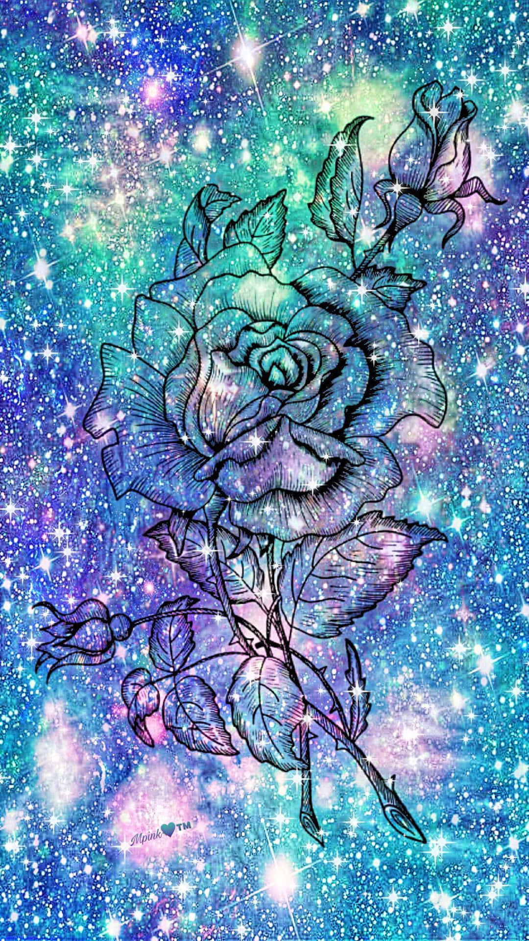 一朵帶有宇宙色彩的玫瑰，在繁星點點的銀河背景下綻放。 — 可愛的銀河動圖 壁紙