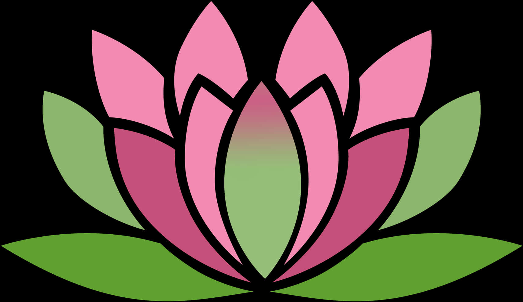 lotus 桌布 壁紙 — 一朵風格化的粉紅色蓮花，帶有綠色葉子，在純黑色背景上盛開。