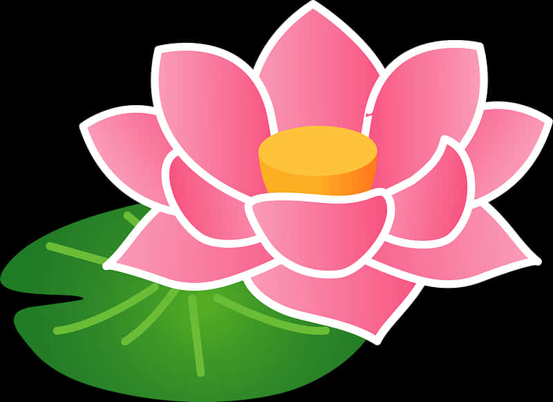 lotus 桌布 壁紙 — 一朵風格化的粉紅色蓮花，帶有黃色中心，在黑色背景上的綠色荷葉上綻放。