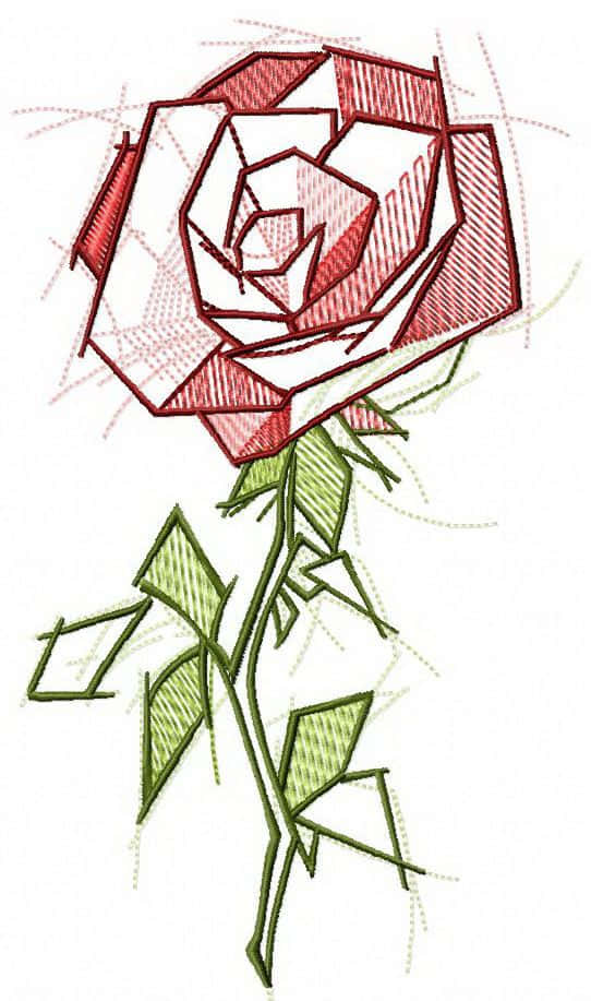 Rose Art 桌布 壁紙 — 一朵風格化的紅玫瑰，帶有綠色莖和葉子，以幾何線條藝術和陰影線渲染在白色背景上。