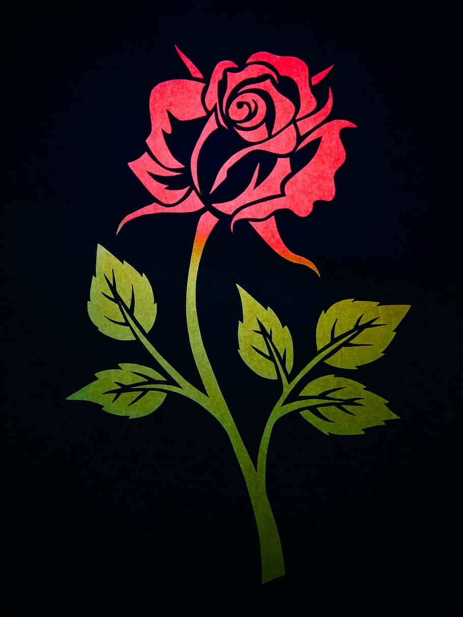 Cool Rose 桌布 壁紙 — 一朵風格化的紅玫瑰，帶有綠色莖和葉子，在純黑色背景上脫穎而出。