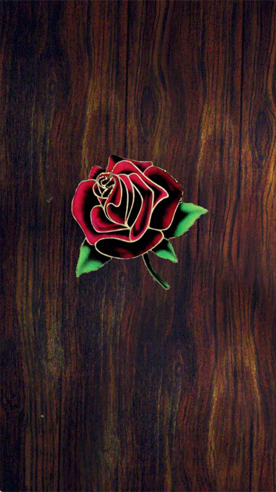 Rose Flower 桌布 壁紙 — 一朵風格化的紅玫瑰，帶有綠葉和金色輪廓，放置在深色木紋背景上。