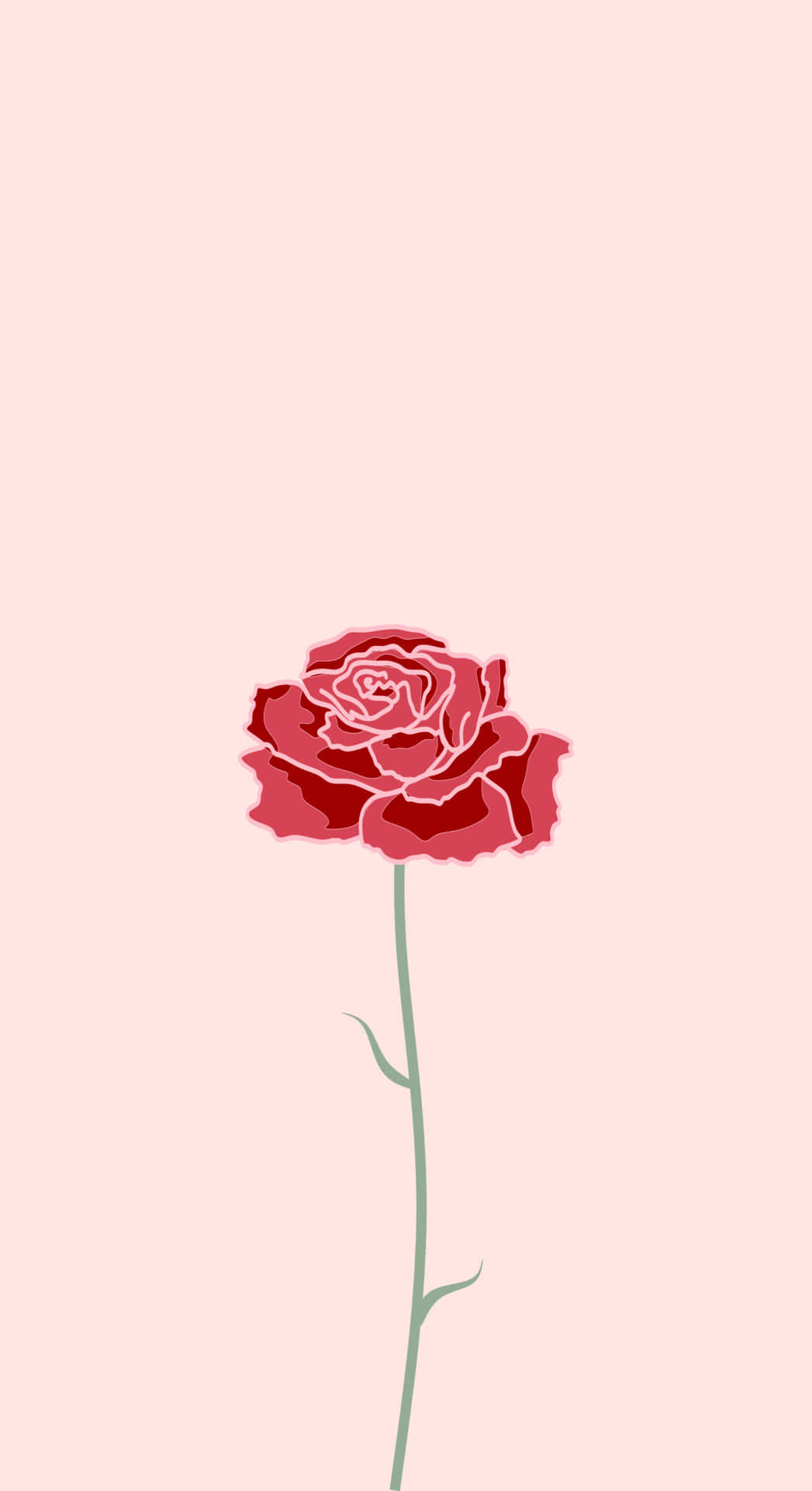 Cute Rose 桌布 壁紙 — 一朵風格化的紅玫瑰，帶有纖細的莖，在柔和的粉紅色背景上居中站立。