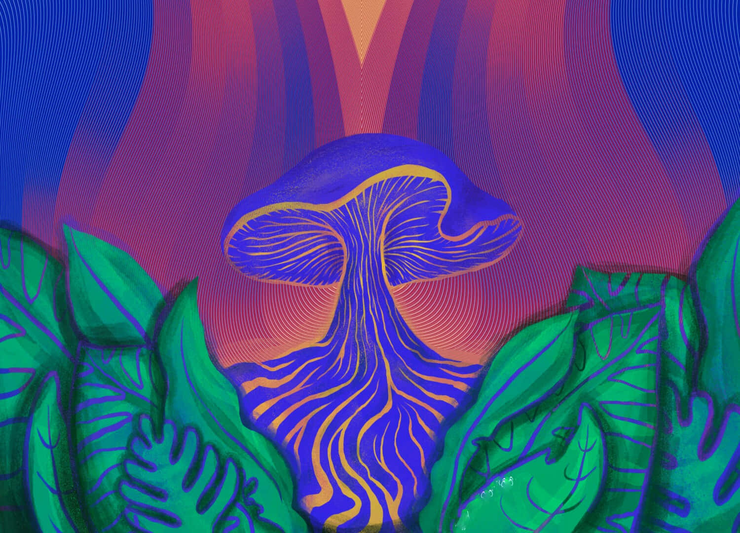 Trippy Mushrooms 桌布 壁紙 — 一朵風格化的紫色蘑菇，帶有金色紋理，從茂密的綠色樹葉中冒出，背景是絢麗的漸變天空。