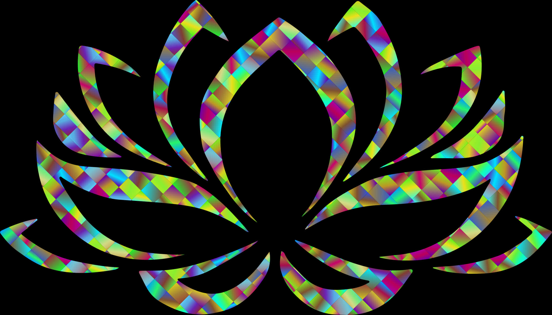 lotus 桌布 壁紙 — 一朵風格化的蓮花，帶有彩虹色鑽石圖案的花瓣，在純黑色背景上發光。