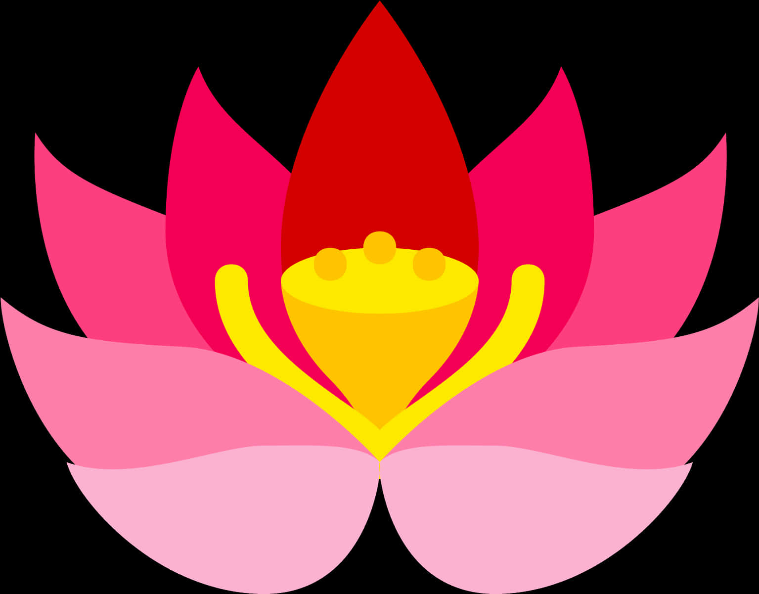 lotus 桌布 壁紙 — 一朵風格化的蓮花，帶有漸層粉紅色花瓣和黃色花蕊，在純黑色背景上綻放。