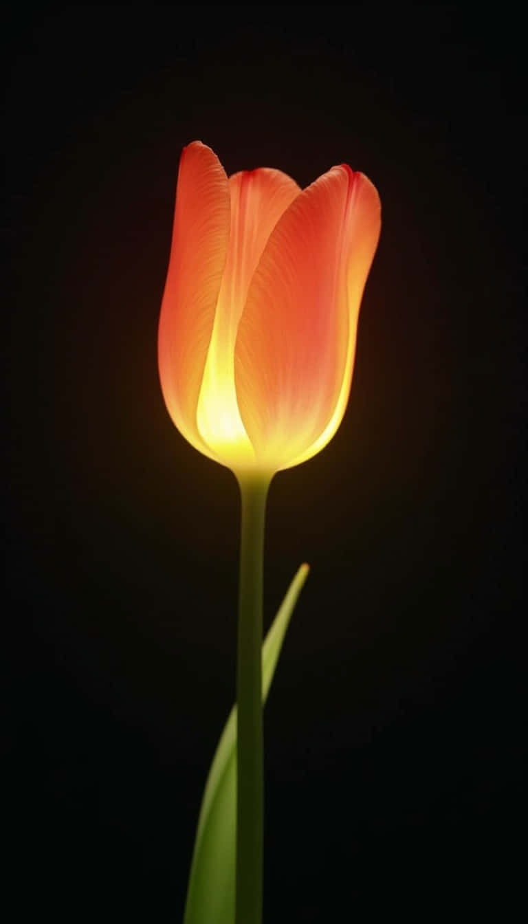 Flower 壁紙 — 一朵鬱金香在黑色背景上溫暖地發光，光線從其花瓣內部散發出來。