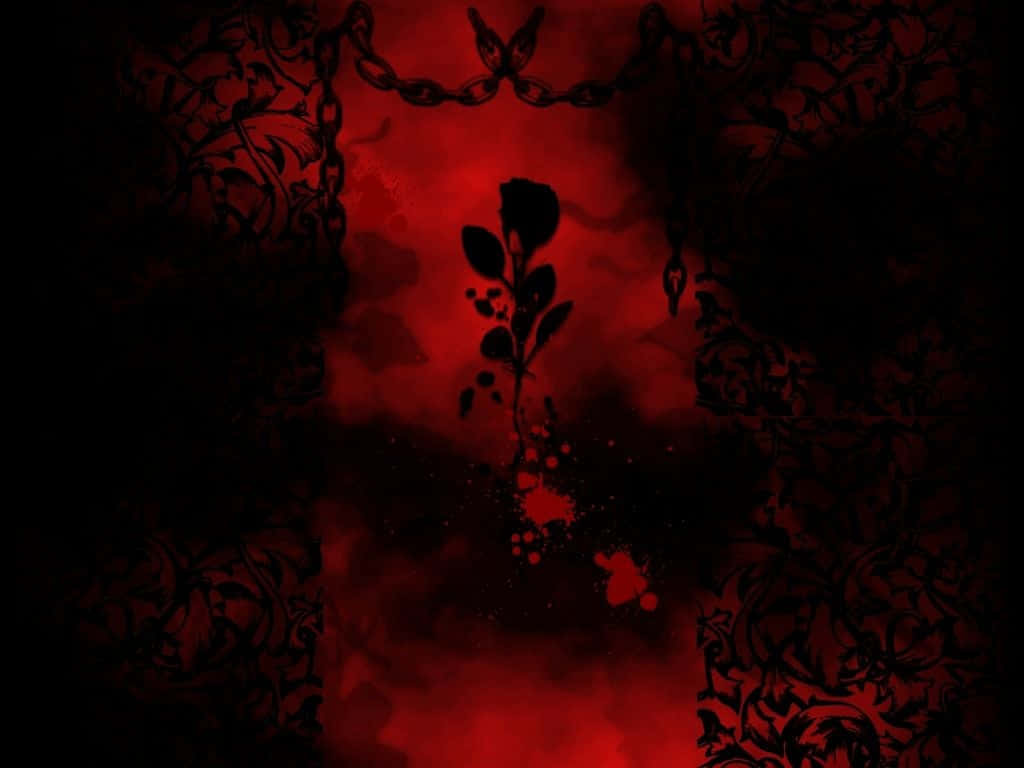 Goth 桌布 壁紙 — 一朵鮮明的黑玫瑰剪影從血紅色、煙霧瀰漫的背景中浮現，背景由華麗的鎖鏈和深色花卉圖案框住。