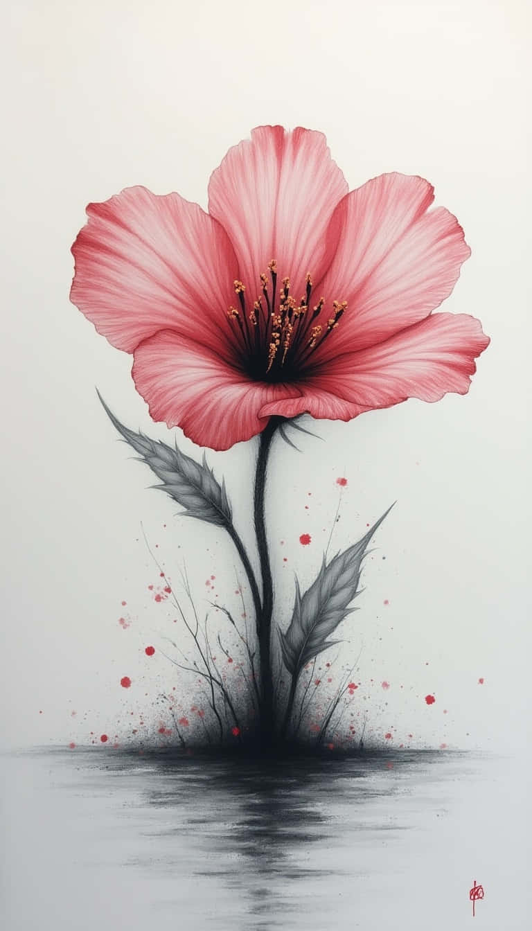 Flower 壁紙 — 一朵鮮粉紅色罌粟花在水面上盛開，帶有黑色墨水莖和散落的紅色飛濺，背景為淺色。