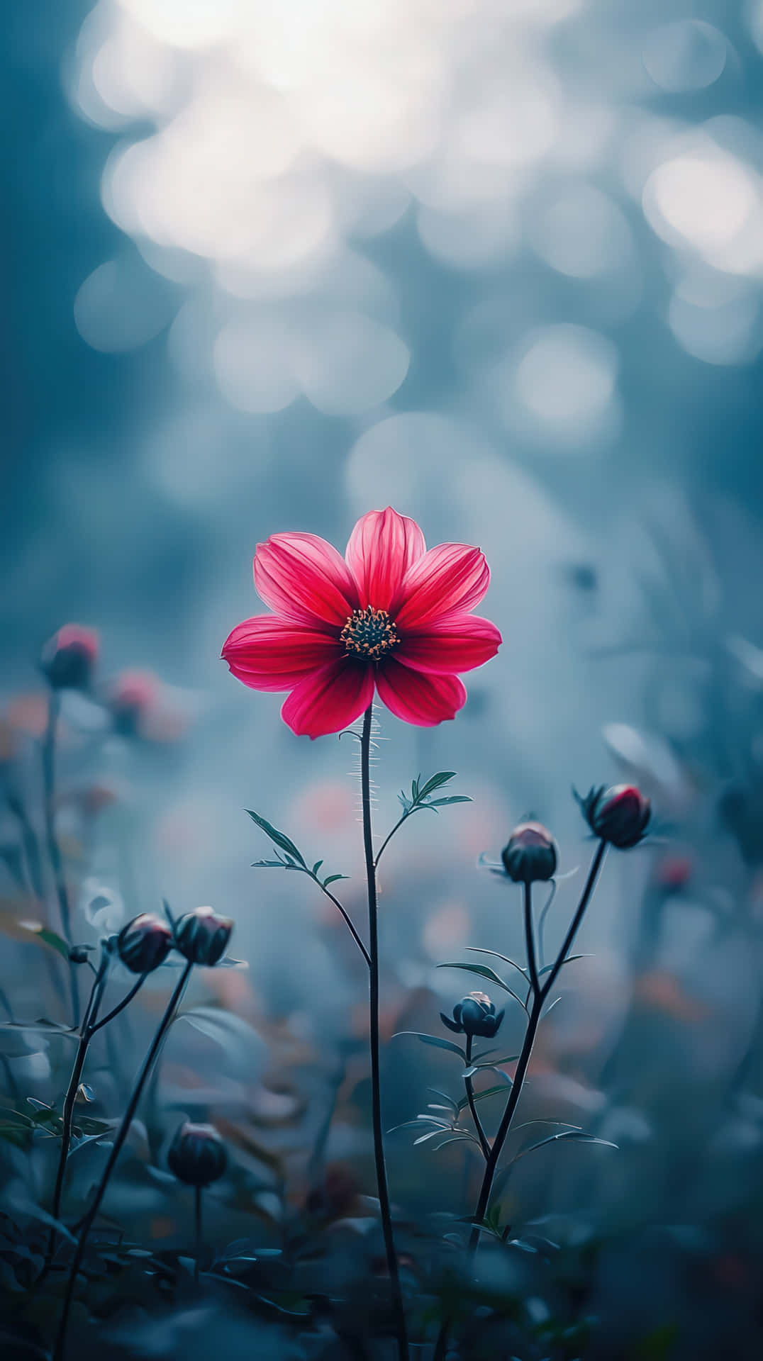 Vibrant Pink Flower in Dreamy Soft Focus 壁紙 — 一朵鮮紅的大波斯菊在柔和的藍色散景背景中，伴隨著散落的花蕾，明亮地綻放。