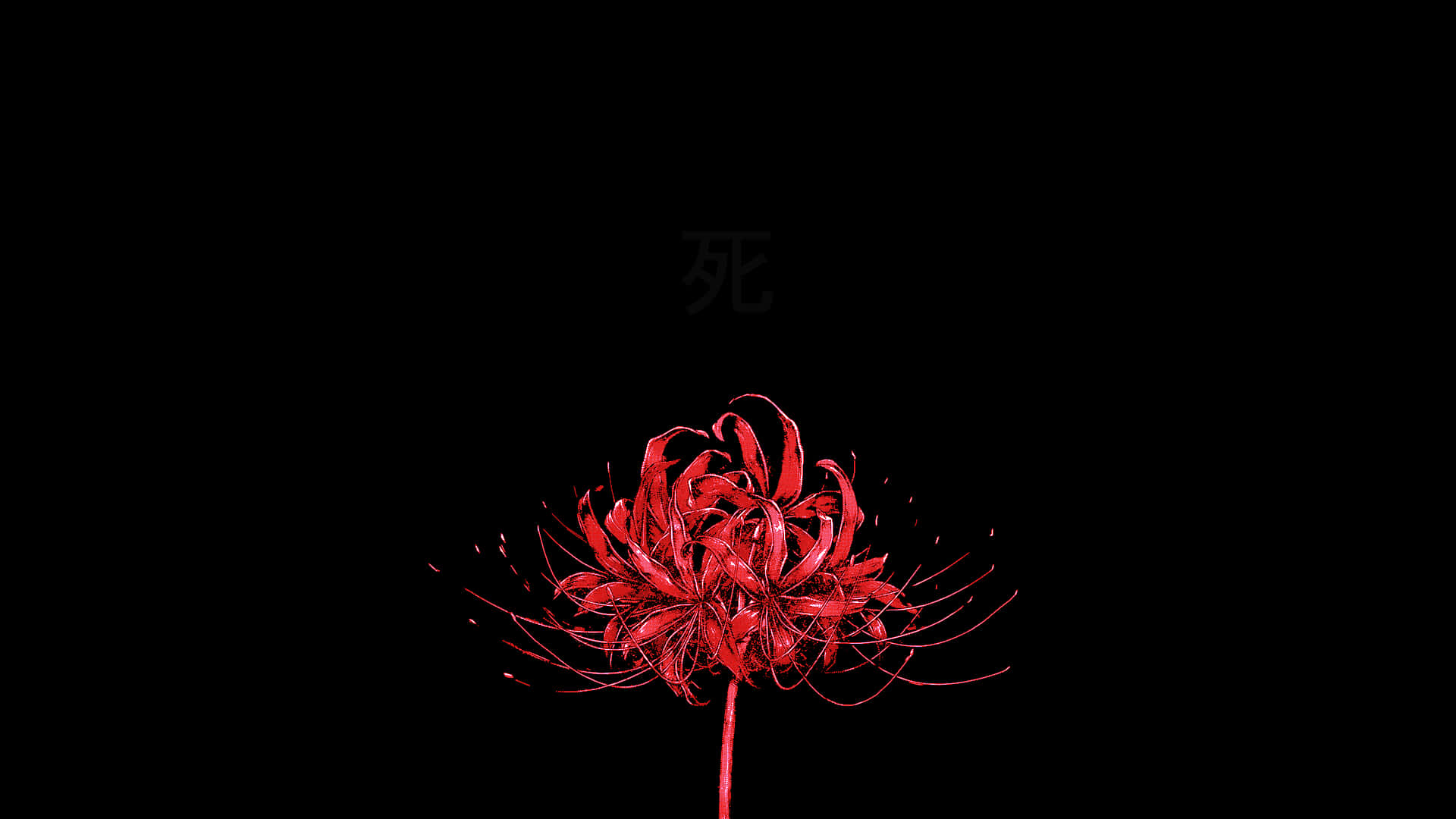 東京喰種 桌布 壁紙 — 一朵鮮紅的彼岸花在純黑背景上綻放，上方帶有微妙的日本死亡漢字。
