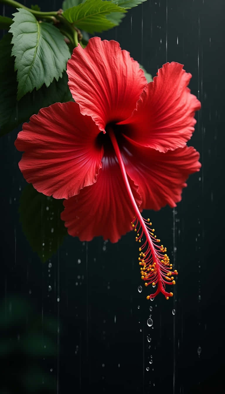 Flower 壁紙 — 一朵鮮紅的木芙蓉花，帶有露珠，在黑暗背景下閃爍，雨水落下。