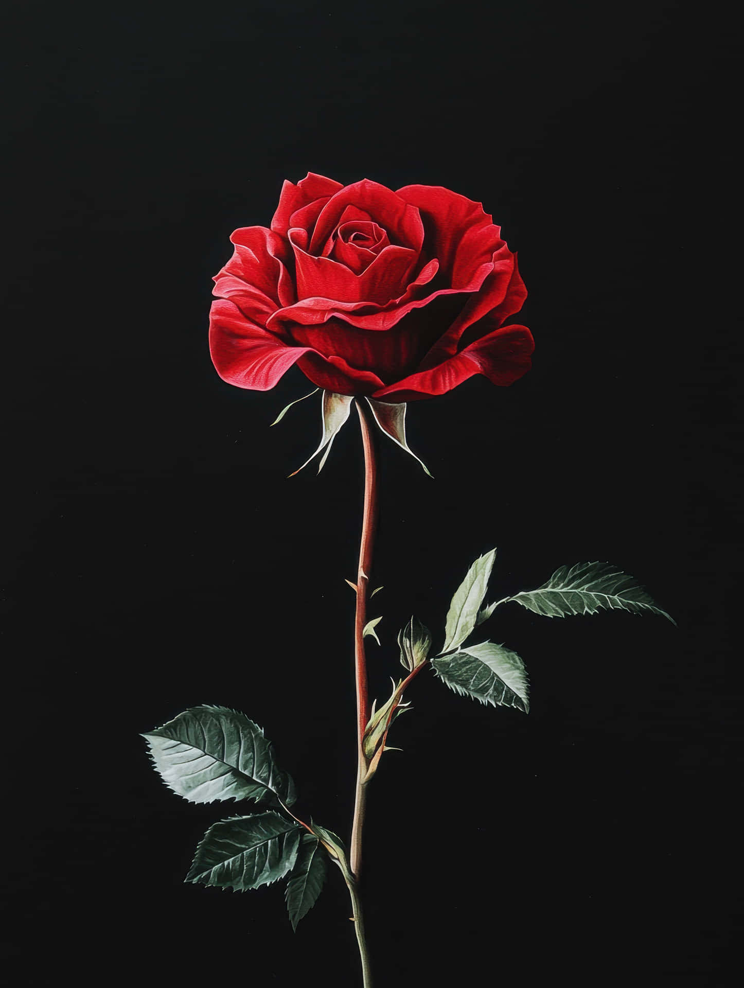 Single Red Rose on Black Background, Symbolizing Love and Elegance 壁紙 — 一朵鮮紅的玫瑰，花瓣細緻，綠葉襯托，在純黑背景下傲然挺立。
