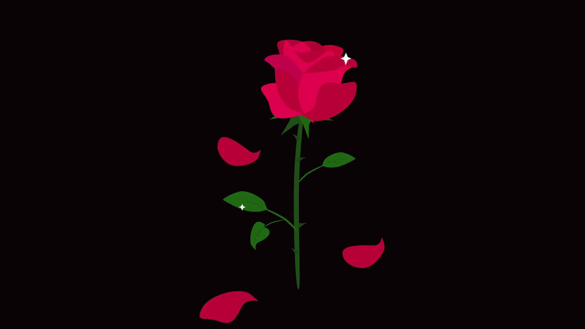 Red Rose Aesthetic 桌布 壁紙 — 一朵鮮紅的玫瑰，花瓣飄落，閃爍著光芒，矗立在純黑背景上。