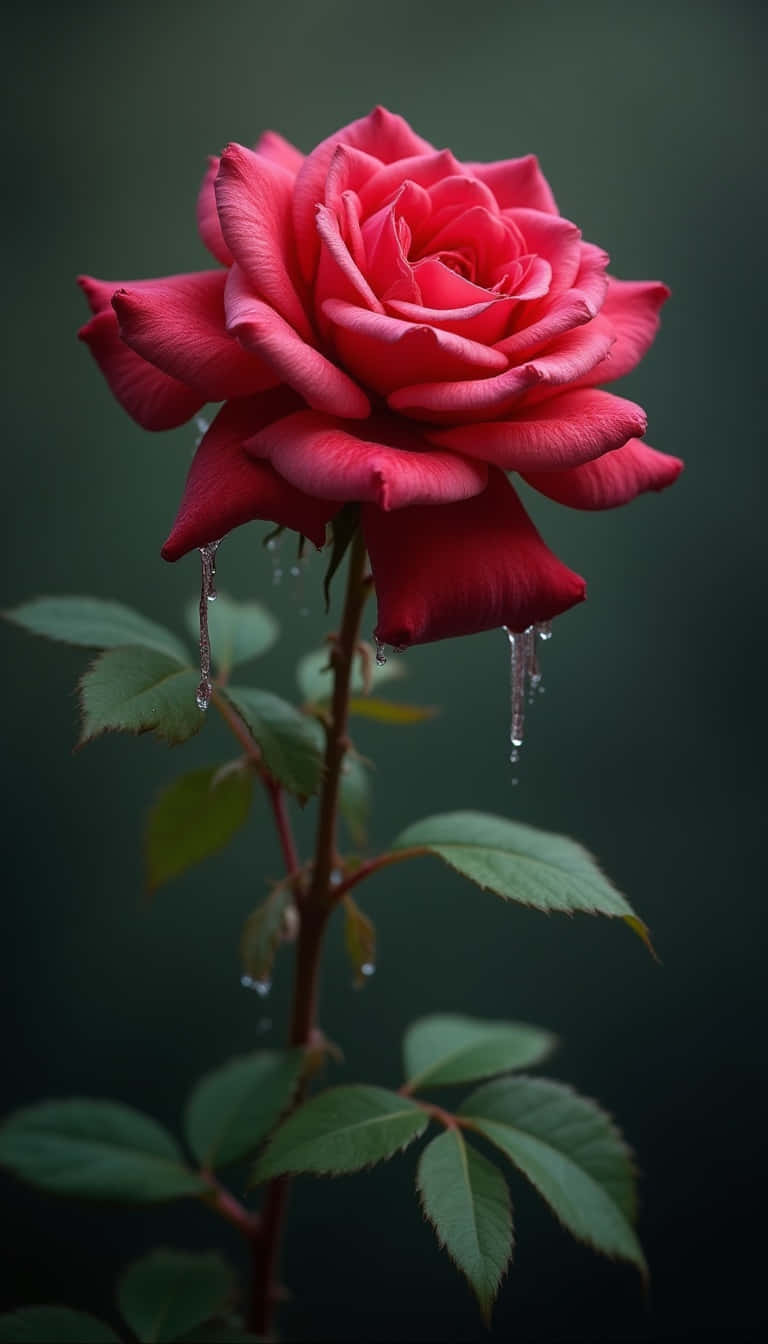 Flower 壁紙 — 一朵鮮紅的玫瑰，露珠閃爍，映襯著陰暗的氛圍背景。