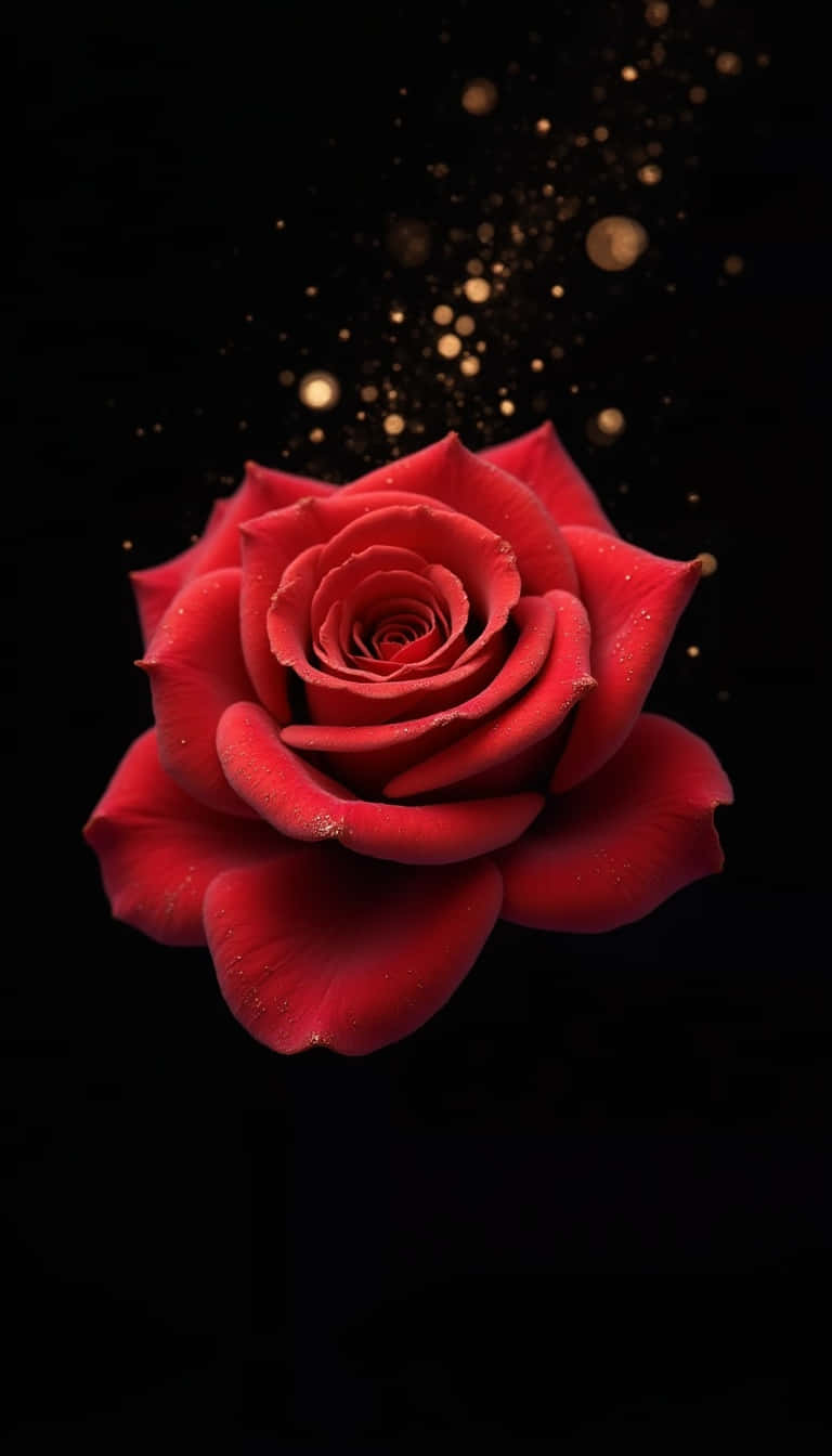 Flower 壁紙 — 一朵鮮紅的玫瑰在黑色背景上綻放，金色散景粒子漂浮在上方。
