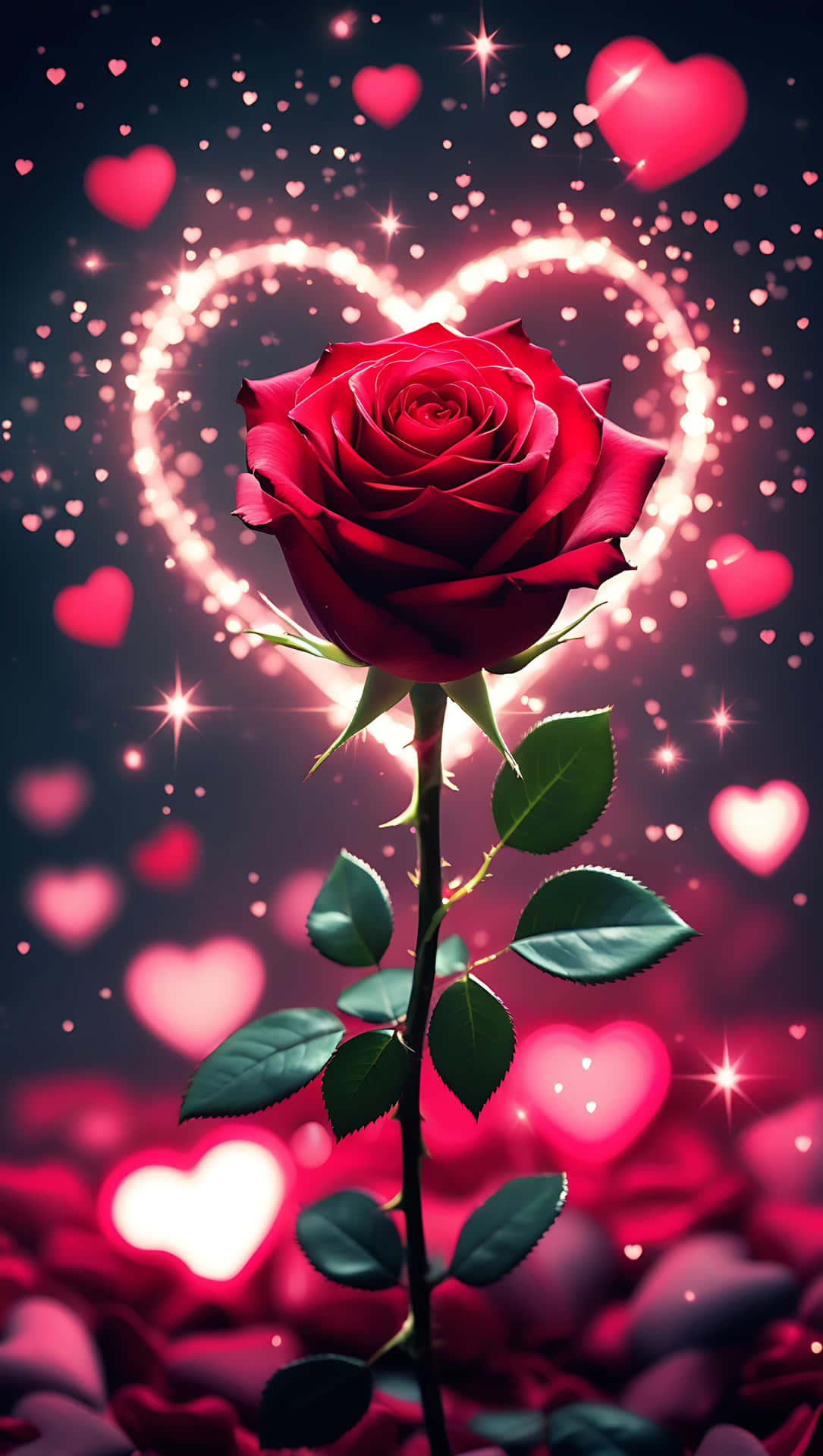 Red Rose and Sparkle Hearts – Romantic Love Wallpaper for Phones 壁紙 — 一朵鮮紅的玫瑰在點綴著發光粉紅愛心和閃爍星星的黑暗背景下高高聳立。