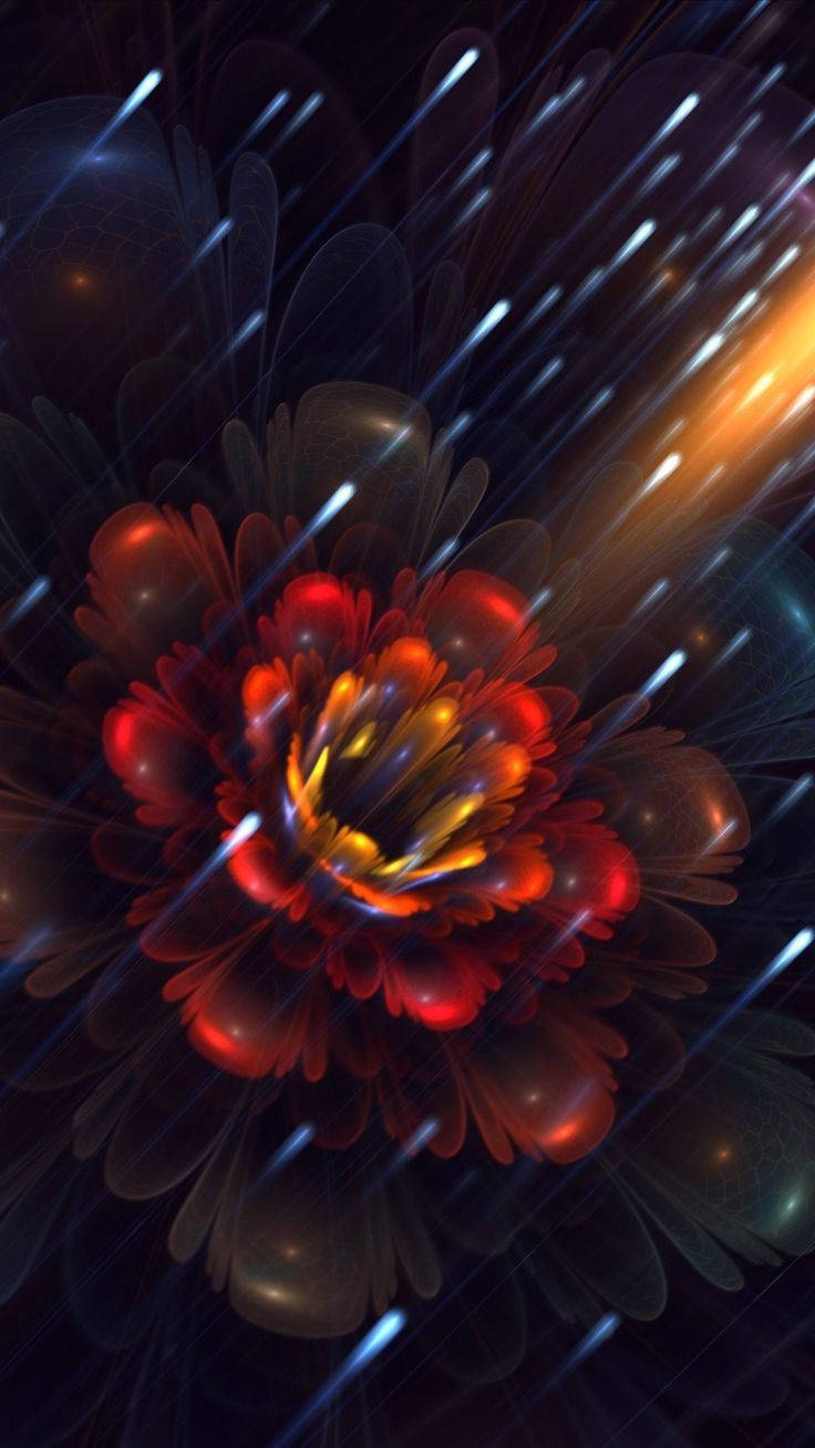 iPhone 6s 動態 桌布 壁紙 — 一朵鮮紅的碎形花朵在黑暗的宇宙背景中綻放，背景中閃爍著發光的光跡。