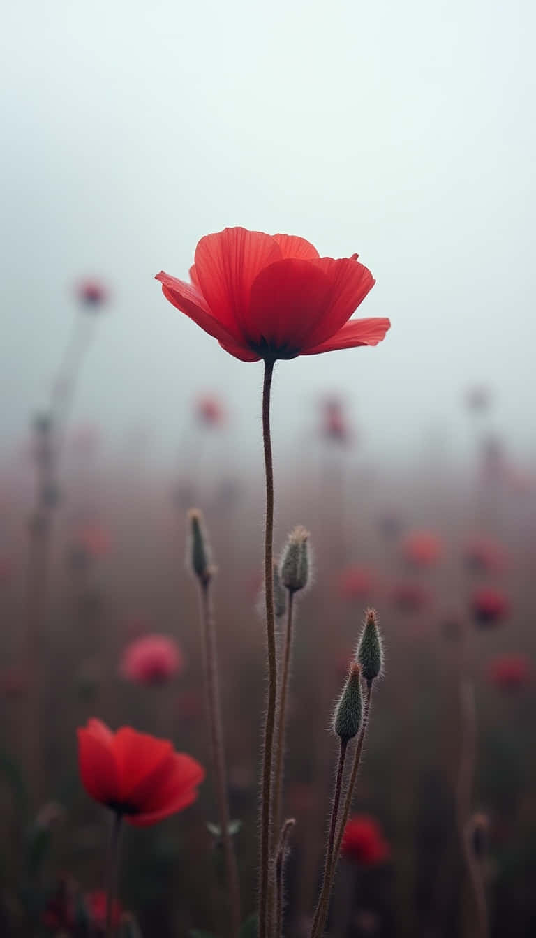 Flower 壁紙 — 一朵鮮紅的罌粟花在霧氣瀰漫的田野中高高聳立，模糊的花蕾和遠處的花朵逐漸消失在柔和的灰色薄霧中。