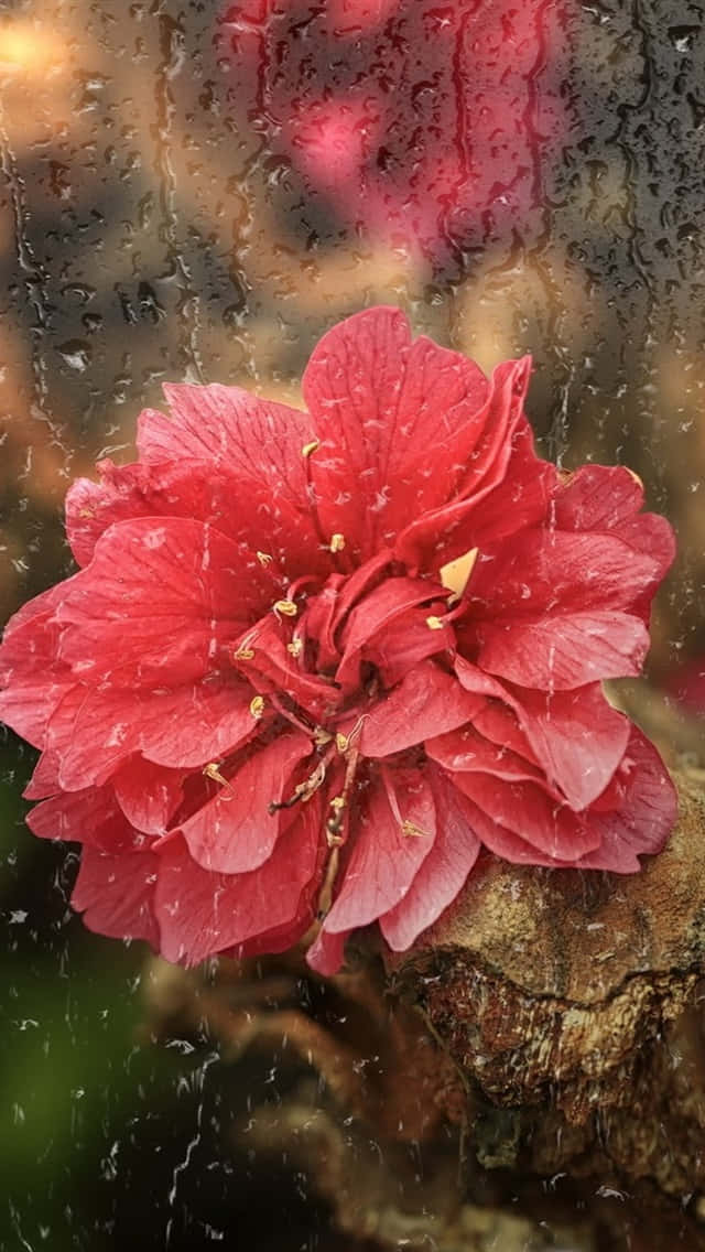 Red Flower 桌布 壁紙 — 一朵鮮紅的花透過被雨水浸濕的玻璃盛開，帶有金色的雄蕊和花瓣上閃閃發光的水滴。