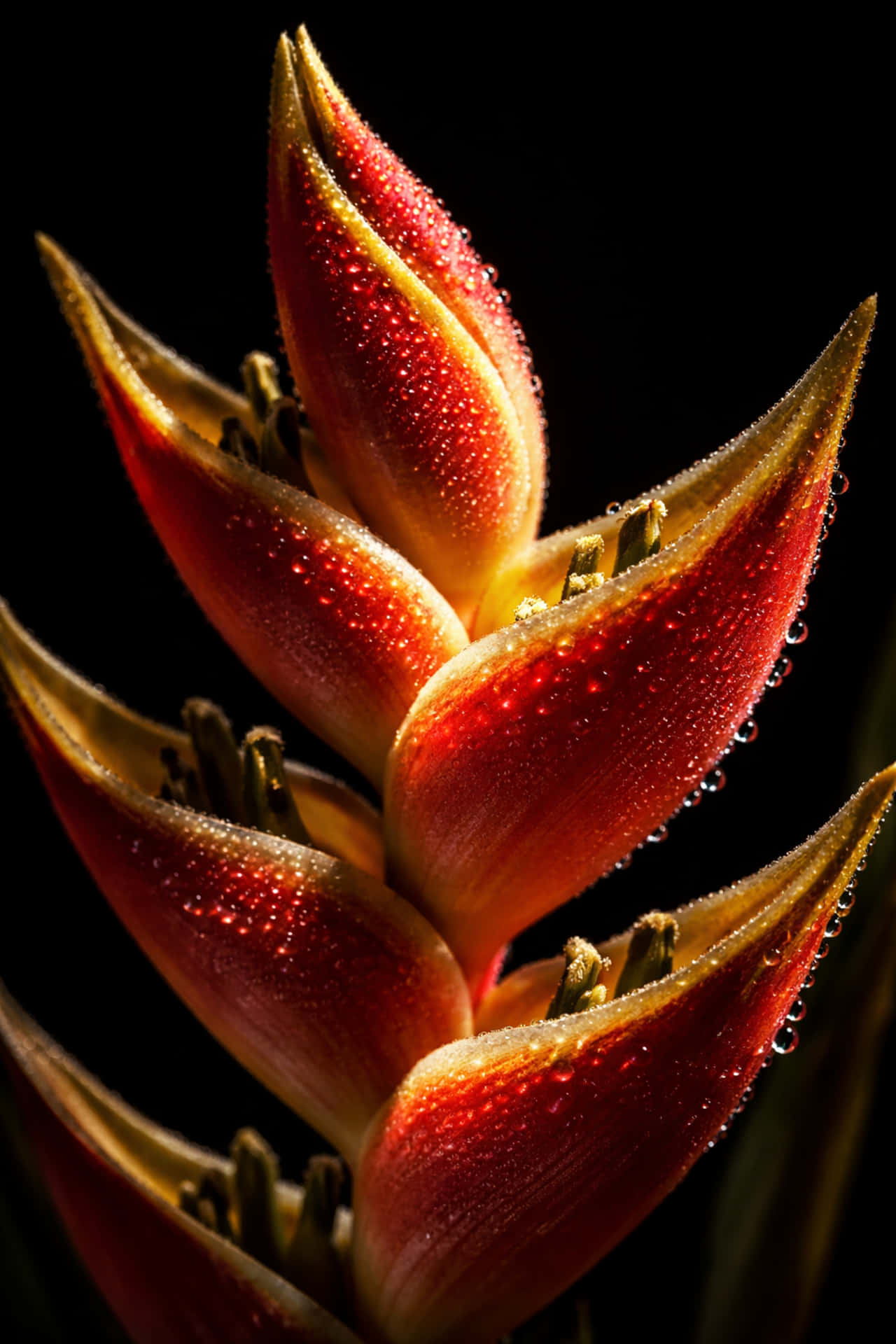 Vibrant Heliconia with Dewdrops. 壁紙 — 一朵鮮紅的赫蕉花帶著露珠，在純黑背景下閃閃發光。
