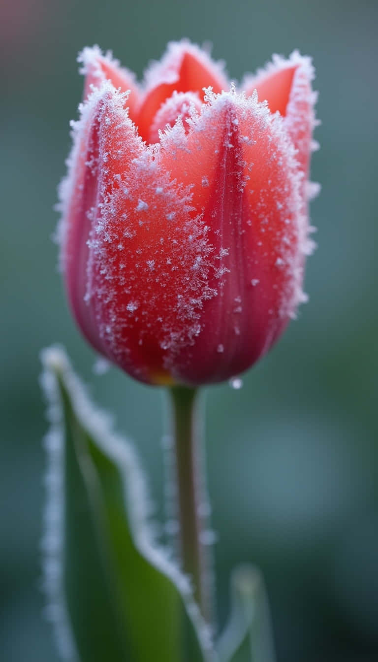 Flower 壁紙 — 一朵鮮紅的鬱金香，在柔和的模糊綠色背景上，精緻地覆蓋著霜。