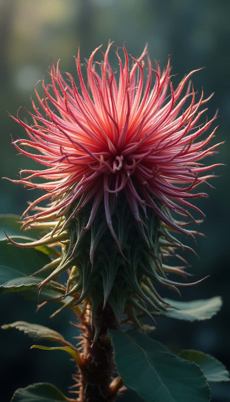 Flower 壁紙 — 一朵鮮紅色的尖刺花朵，帶有火紅的花瓣，在柔和模糊的綠色背景下盛開。
