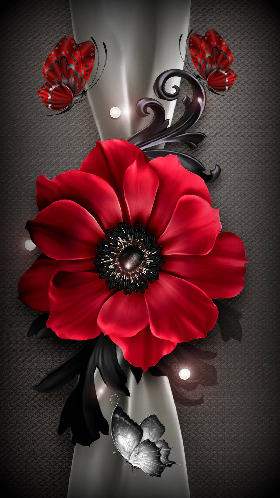 Poppy 桌布 壁紙 — 一朵鮮紅色的花，帶有黑色花心和紅色蝴蝶，點綴在一個光滑的銀色花瓶上，背景是深色有紋理的。