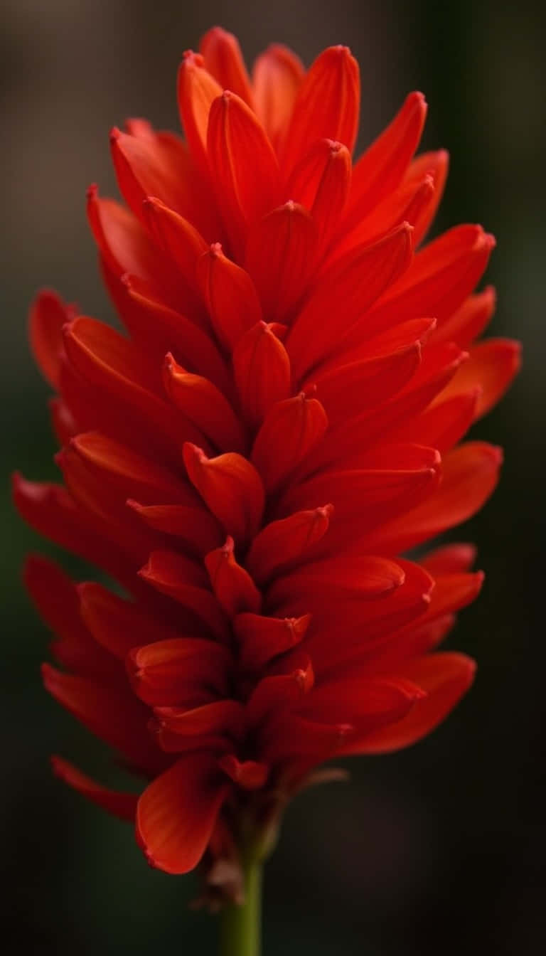 Flower 壁紙 — 一朵鮮紅色的花，花瓣層層疊疊，在黑暗模糊的背景中清晰對焦。