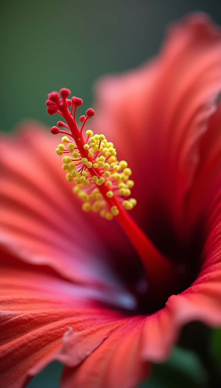 Flower 壁紙 — 一朵鮮紅色芙蓉花的特寫，帶有突出的黃色雄蕊和紅色雌蕊，背景是模糊的綠色。