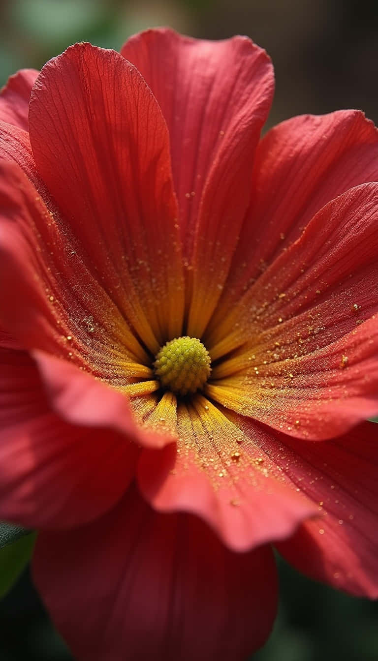 Flower 壁紙 — 一朵鮮紅色花朵的特寫，帶有黃色花心和花瓣上的露珠。