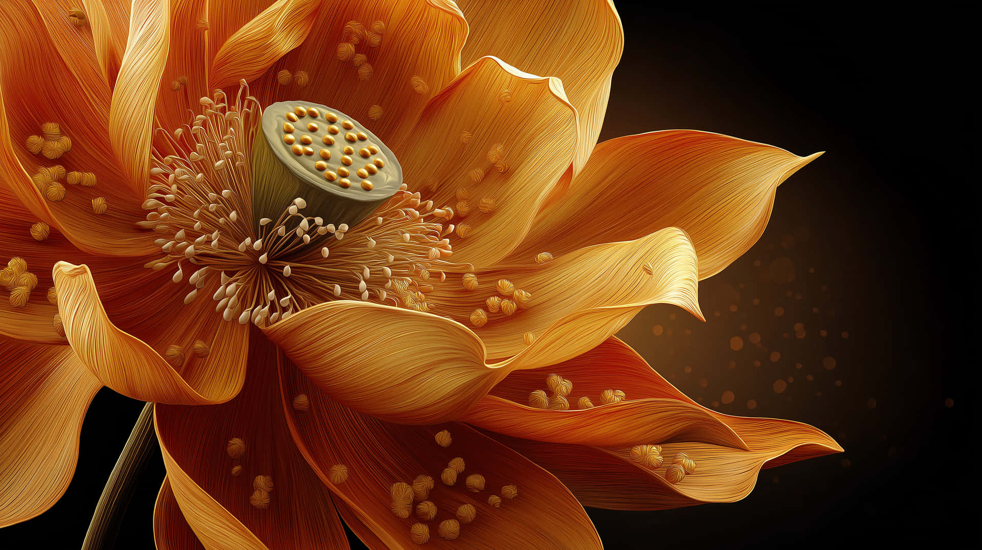 Detailed Orange Lotus Blossom with Seed Pod on Dark 壁紙 — 一朵鮮豔橙色蓮花的特寫，花瓣細節清晰，花粉散落在深色背景上。