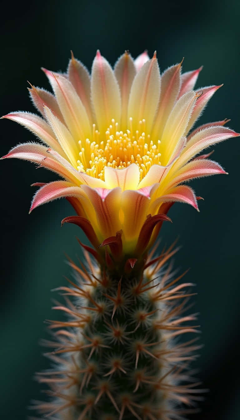 Flower 壁紙 — 一朵鮮豔的仙人掌花在深綠色背景下綻放黃色和粉紅色的花瓣。