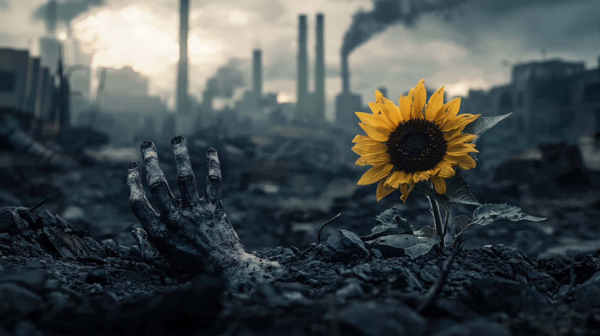 Sunflower Growing in Post-Apocalyptic Wasteland with Pollution and Despair 壁紙 — 一朵鮮豔的向日葵在荒涼的工業廢墟中，挑釁地盛開在一隻骯髒伸出的手旁邊。