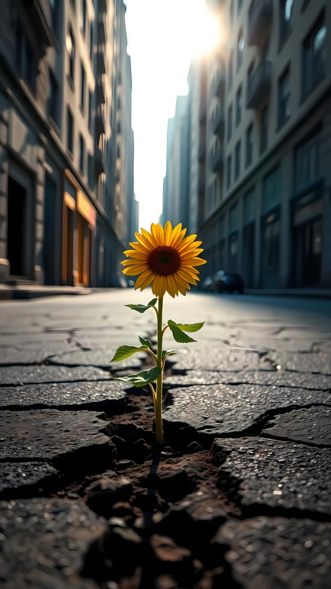 Lone Sunflower Growing in Cracked City Pavement 壁紙 — 一朵鮮豔的向日葵從破裂的城市人行道裂縫中頑強地綻放，陽光沿著狹窄的城市街道傾瀉而下。