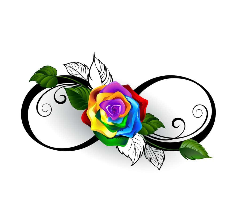Rose Symbol 桌布 壁紙 — 一朵鮮豔的彩虹玫瑰，中心是黑色無限符號，配有綠葉和白色羽毛。