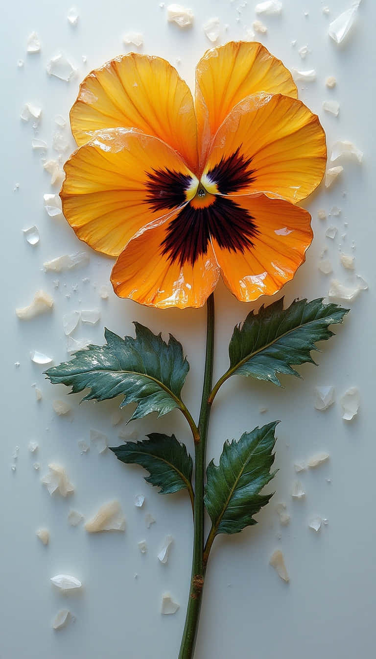 Flower 壁紙 — 一朵鮮豔的橙色三色堇，帶有深色中心和光澤花瓣，放置在淺色表面上，周圍散落著白色碎片。