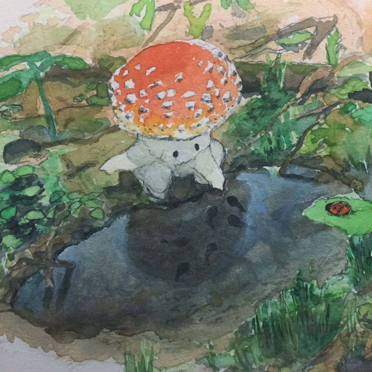 池塘附近一朵紅色和白色斑點蘑菇，睡蓮葉上有一隻瓢蟲。 — 田園風 GIF 壁紙