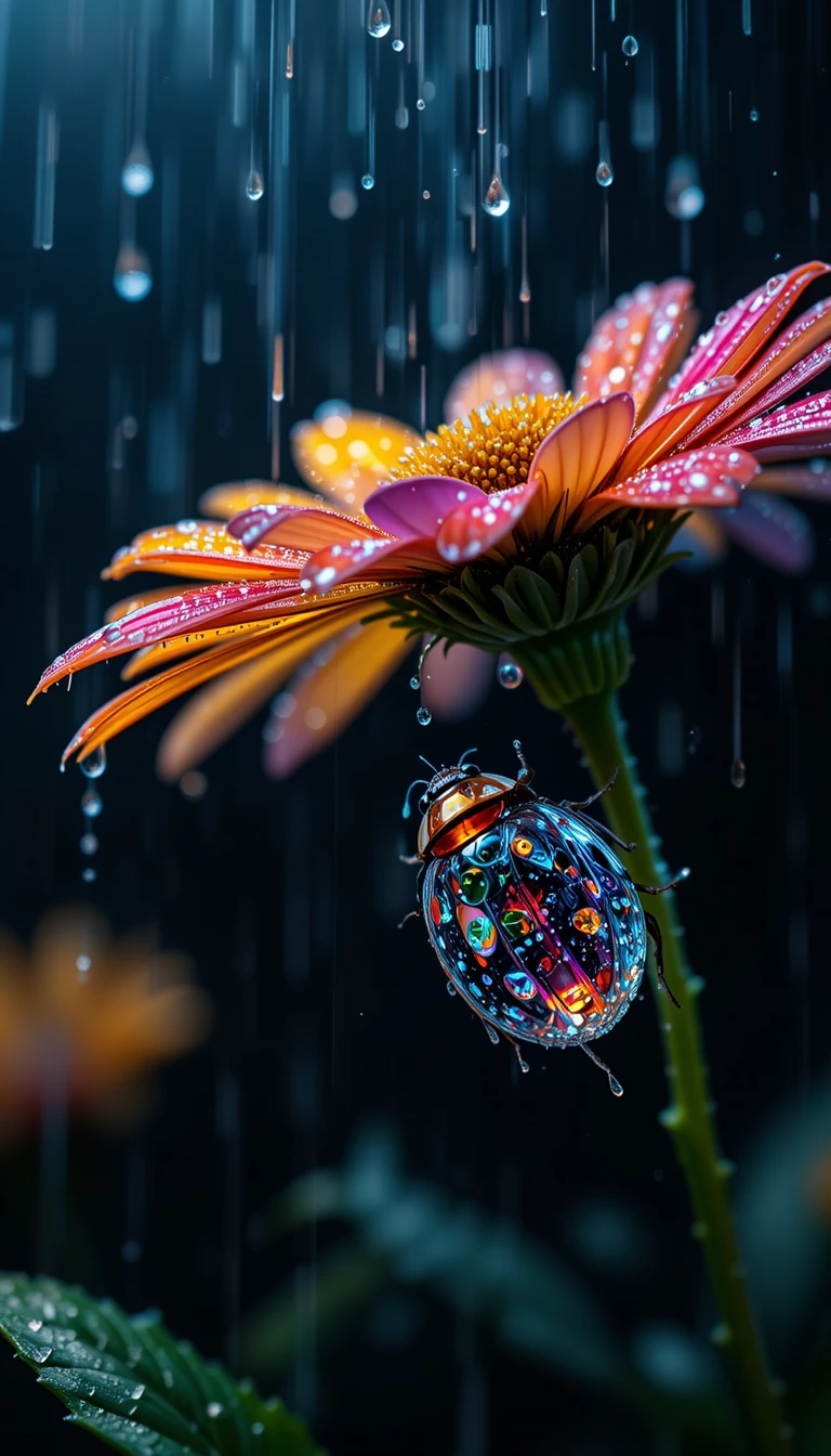Abstract Animal 桌布 壁紙 — 一朵鮮豔的橙色和粉紅色花朵在雨滴中閃閃發光，一隻色彩繽紛的甲蟲懸掛在花朵下方，處於黑暗的雨中環境。