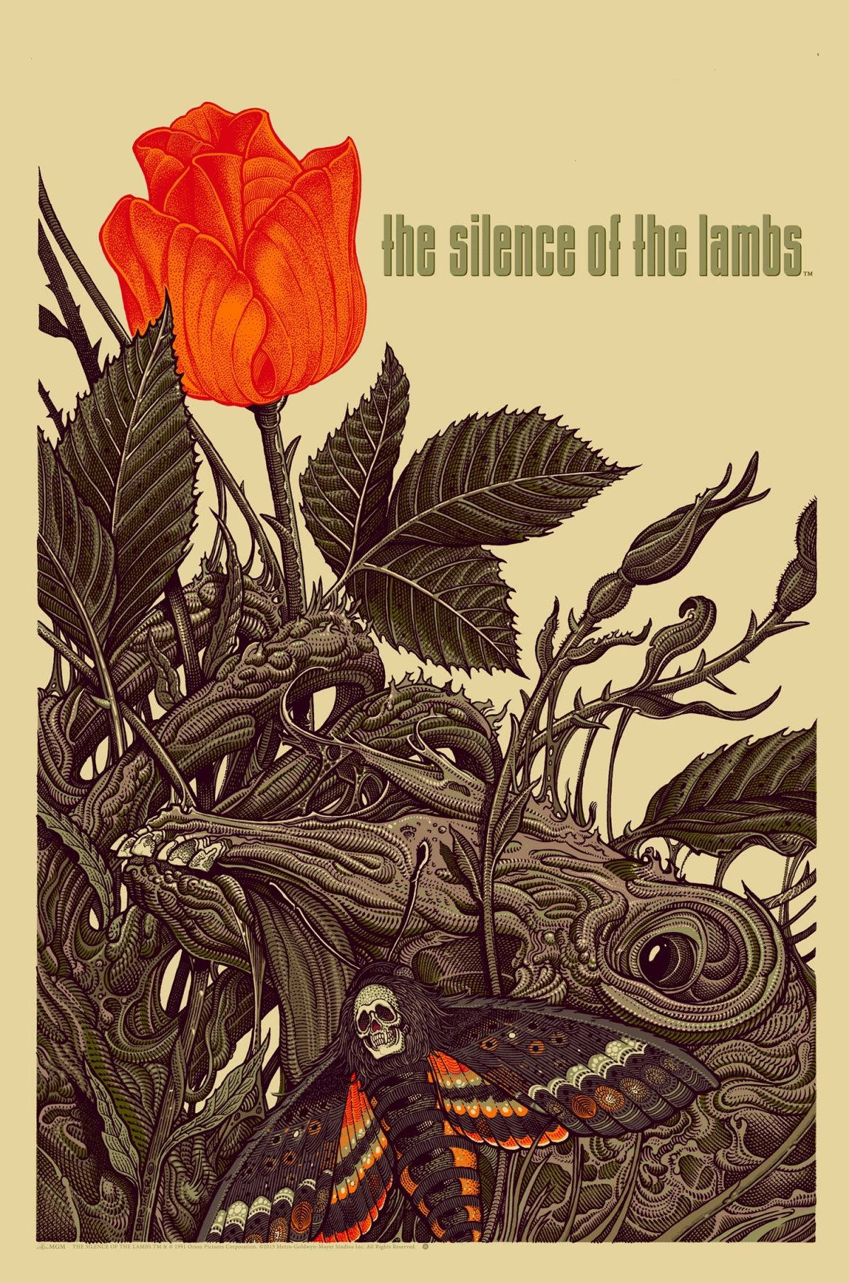 silence 桌布 壁紙 — 一朵鮮豔的橙色玫瑰在複雜的深色葉片和骷髏蛾上盛開，帶有 'the silence of the lambs' 文字。