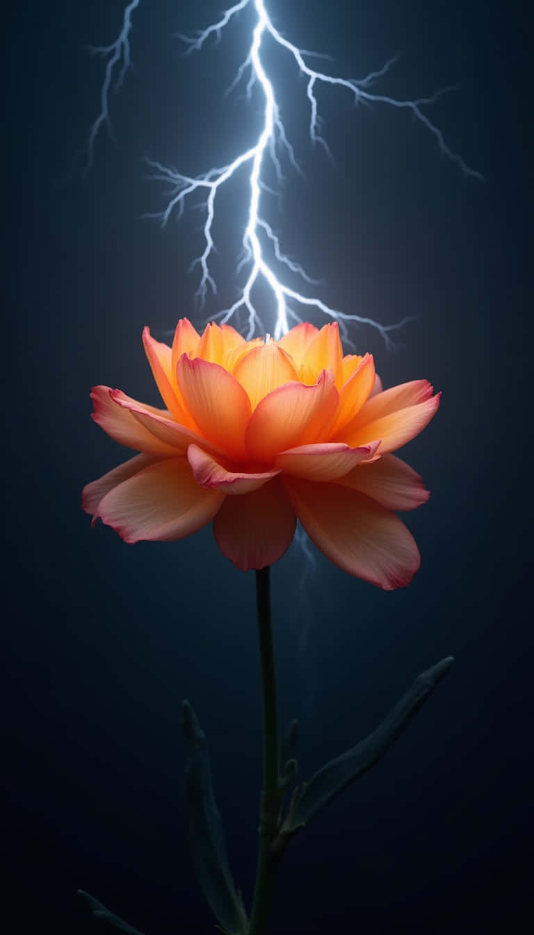 Flower 壁紙 — 一朵鮮豔的橙色玫瑰在黑暗暴風雨的天空中一道明亮的白色閃電劈下時， defiantly 綻放。