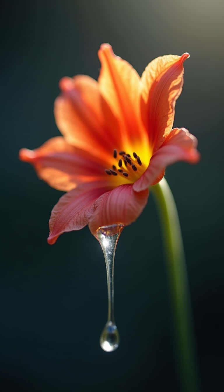 Flower 壁紙 — 一朵鮮豔的橙色百合，花瓣上懸掛著一滴露珠，背景為深色。