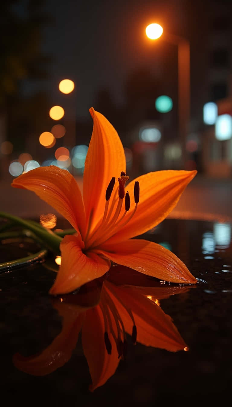 Flower 壁紙 — 一朵鮮豔的橙色百合在夜間潮濕的柏油路上綻放，發光的街燈營造出柔和的散景背景。