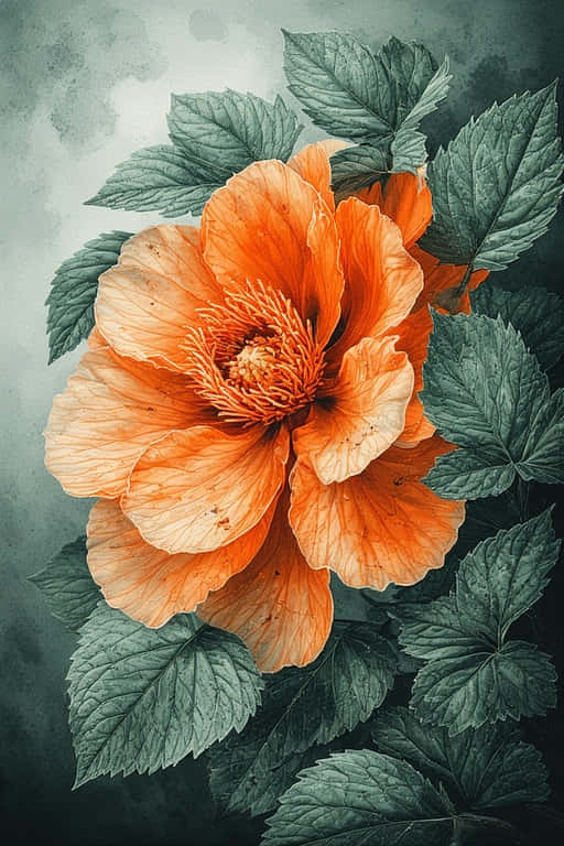 Monochrome Spotlight Orange Bloom Cinematic 壁紙 — 一朵鮮豔的橙色罌粟花，帶有精緻的花瓣和複雜的雄蕊，在憂鬱的藍綠色背景和茂盛的綠葉中綻放。