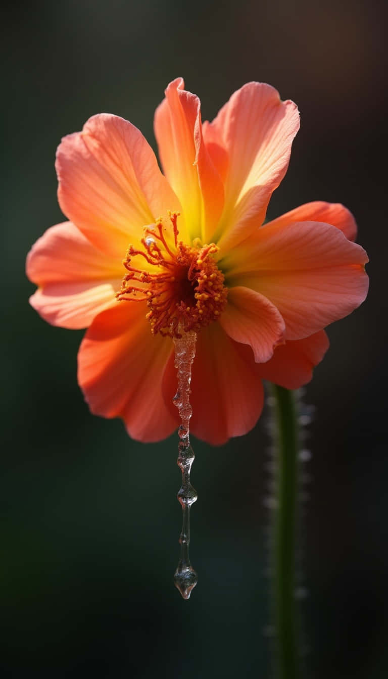Flower 壁紙 — 一朵鮮豔的橙色花，黃色花心，花瓣上掛著清澈的冰柱，下方有一滴水珠落下。