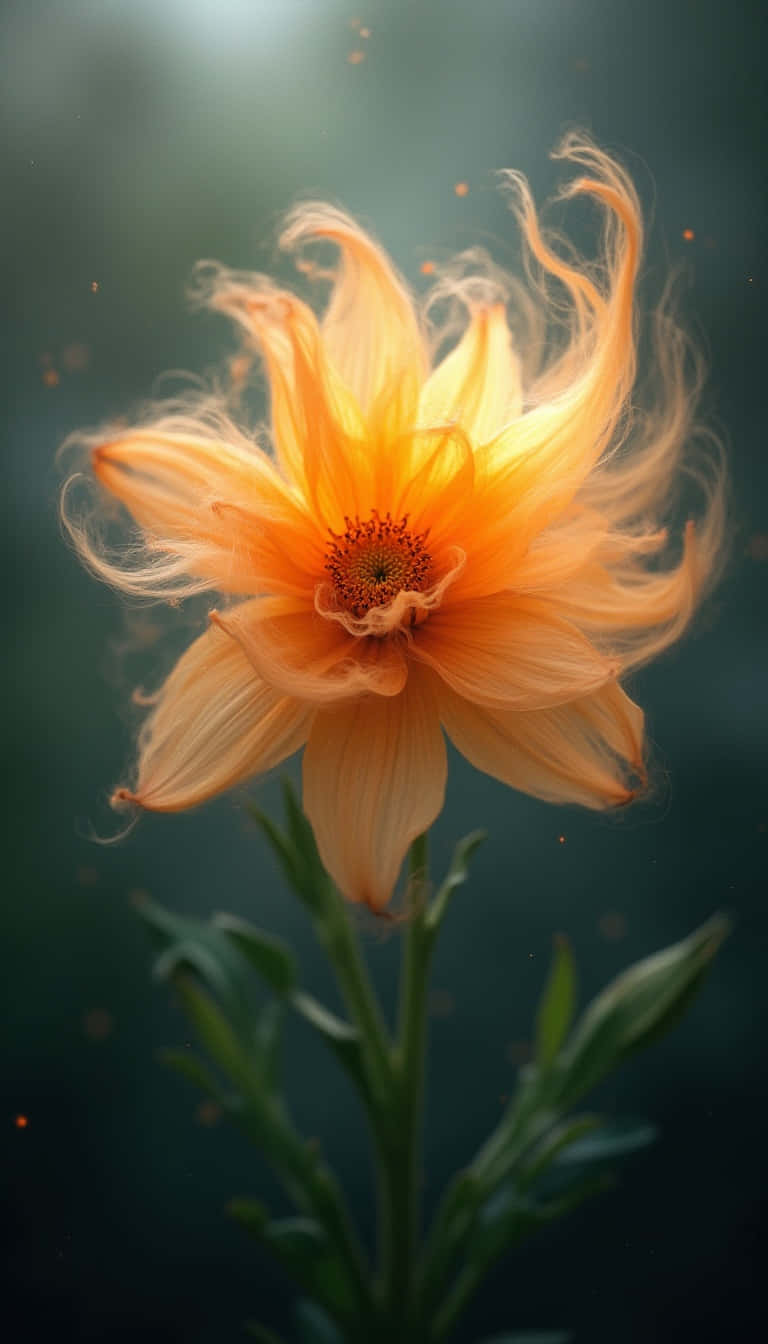 Flower 壁紙 — 一朵鮮豔的橙色花朵，帶有纖細半透明的花瓣，在深綠色模糊背景上盛開，背景中漂浮著金色顆粒。