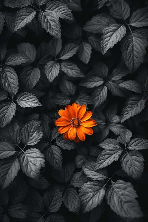 Technicolor Blossom Cinematic Orange Flower 壁紙 — 一朵鮮豔的橙色花朵在深色單色葉子的海洋中綻放，形成鮮明對比。