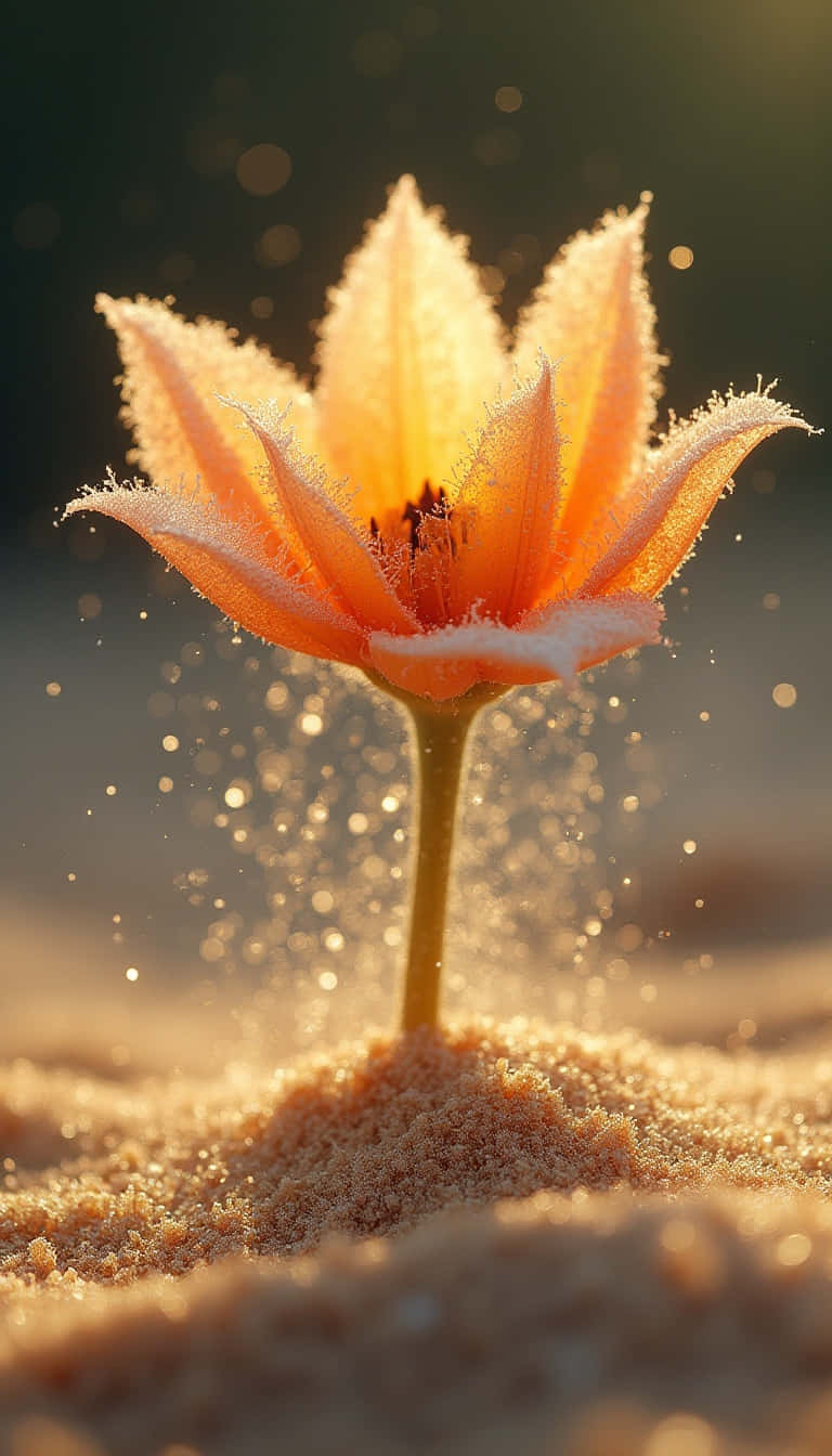 Flower 壁紙 — 一朵鮮豔的橙色花朵帶著霜狀邊緣從沙地中綻放，金色塵埃粒子在其莖周圍旋轉。